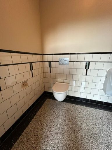Kleine toiletruimte met toilet, handdoekdispenser en betegelde muren.